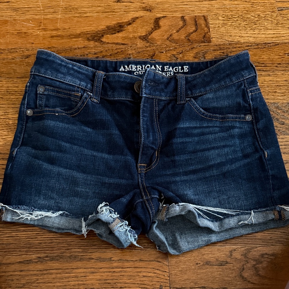 American Eagle Outfitters Dark Blue Denim Cutoff Shorts with Frayed Hem